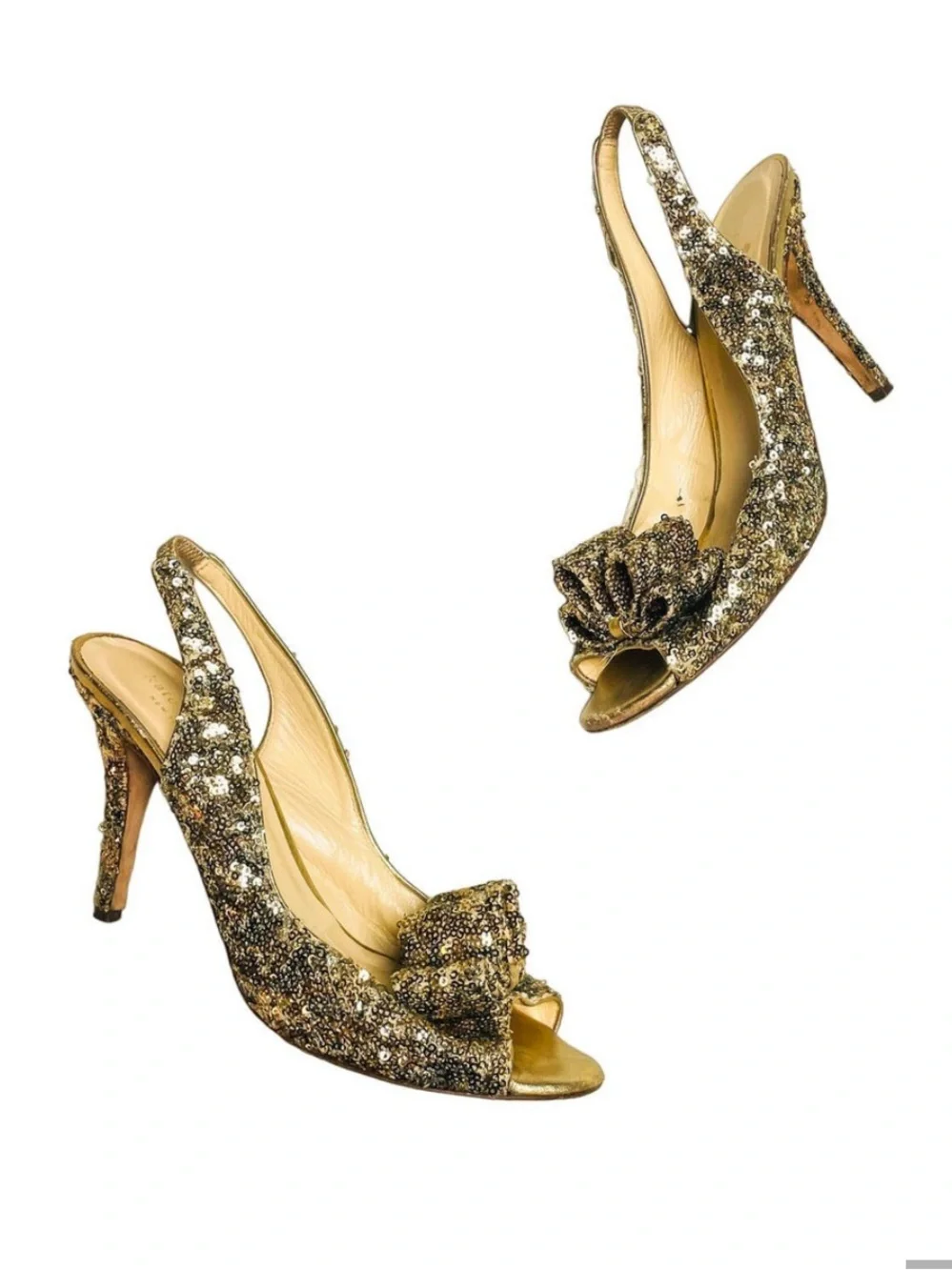 Kate Spade New York Gold Brown Sequin Bow Carly High Heels Open Toe Shoes 6